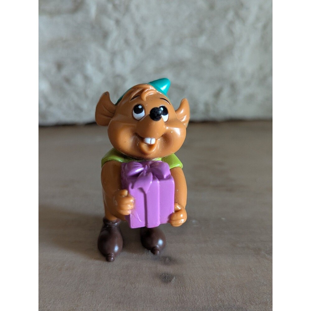 Vintage Disney Cinderella Gus Mouse Collectible Figurine Holding Purple Gift